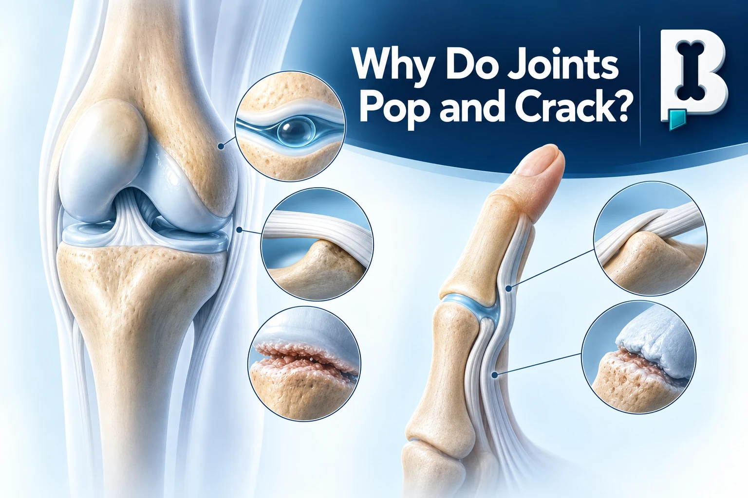 Medical illustration showing pressure changes in joint fluid, tendon movement, and rougher joint surfaces as different sources of joint sounds.