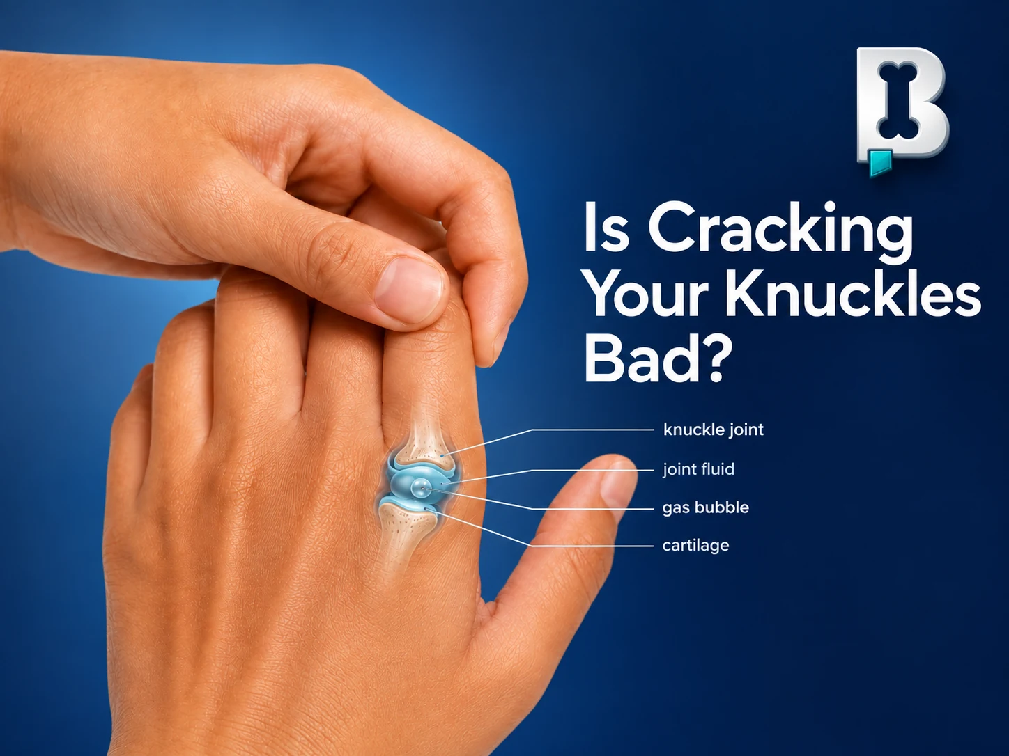 Orthopedic illustration of a knuckle joint cracking with joint fluid, cartilage, and a gas bubble inside the joint.