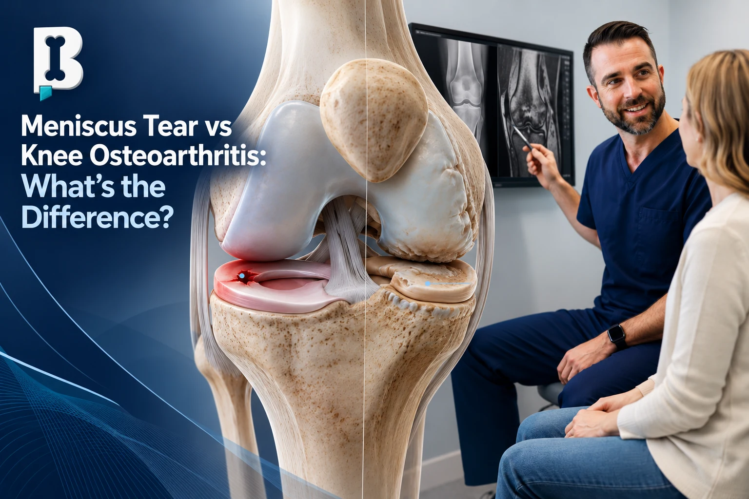 Medical illustration of a knee showing a medial meniscus tear and osteoarthritis-related cartilage loss, with an orthopedic physician reviewing X-ray and MRI images with a patient in the background.