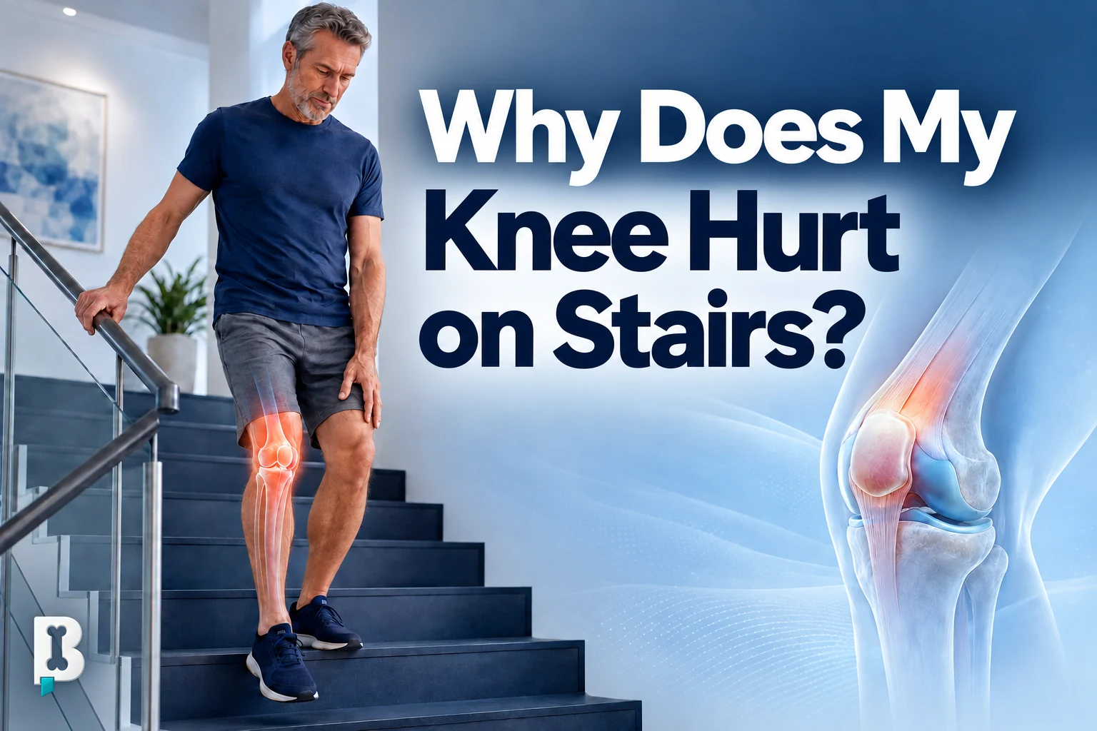 Adult walking downstairs with an anatomical knee overlay showing the kneecap, quadriceps tendon, patellar tendon, and joint surfaces.