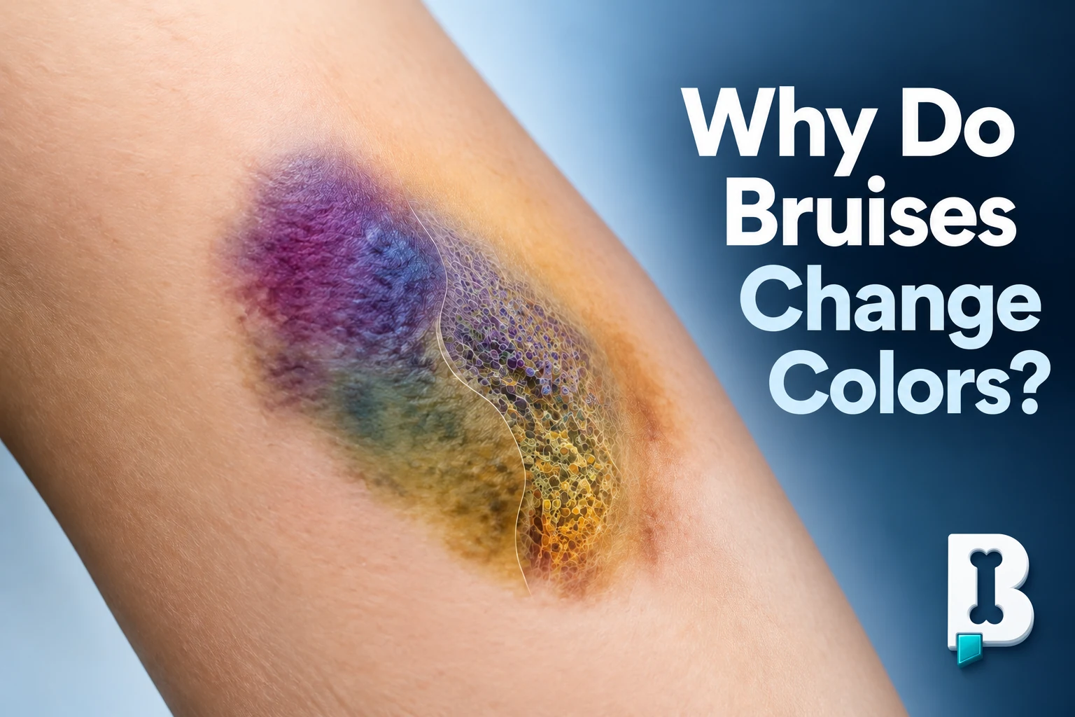 Medical illustration showing red-purple, blue, green, and yellow-brown areas within an uncomplicated bruise above intact skin layers.