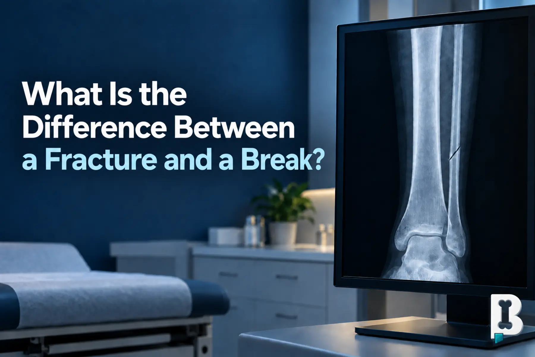 Clinical exam room with an AP ankle X-ray illustration showing a distal fibula fracture beside the article title.