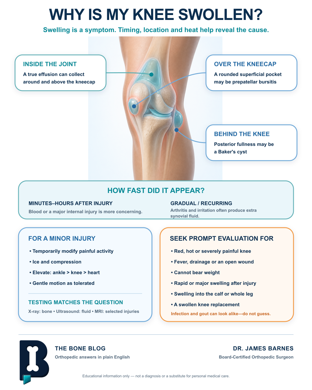 Infographic explaining common patterns of knee swelling, including gradual arthritis-related fluid, rapid swelling after injury, bursitis over the kneecap, a Baker's cyst behind the knee, red-flag symptoms, and home care for a minor injury that is improving.