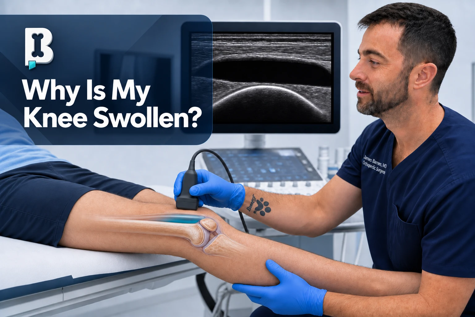Dr. Barnes evaluates knee swelling with ultrasound, with the title Why Is My Knee Swollen? and the Bone Blog brandmark.