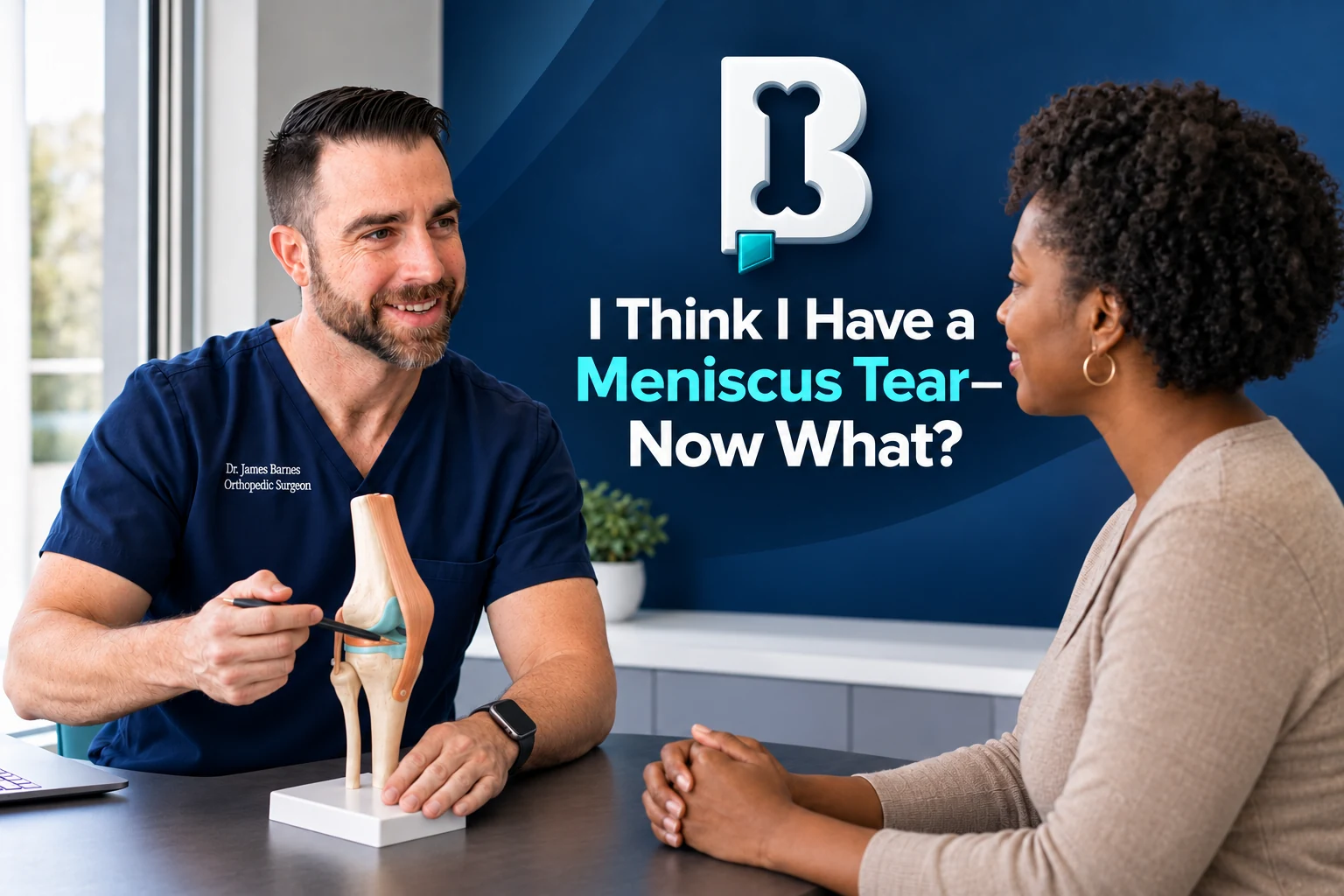 Orthopedic physician examining a patient's knee while reviewing knee X-rays and an MRI showing a subtle meniscus tear.
