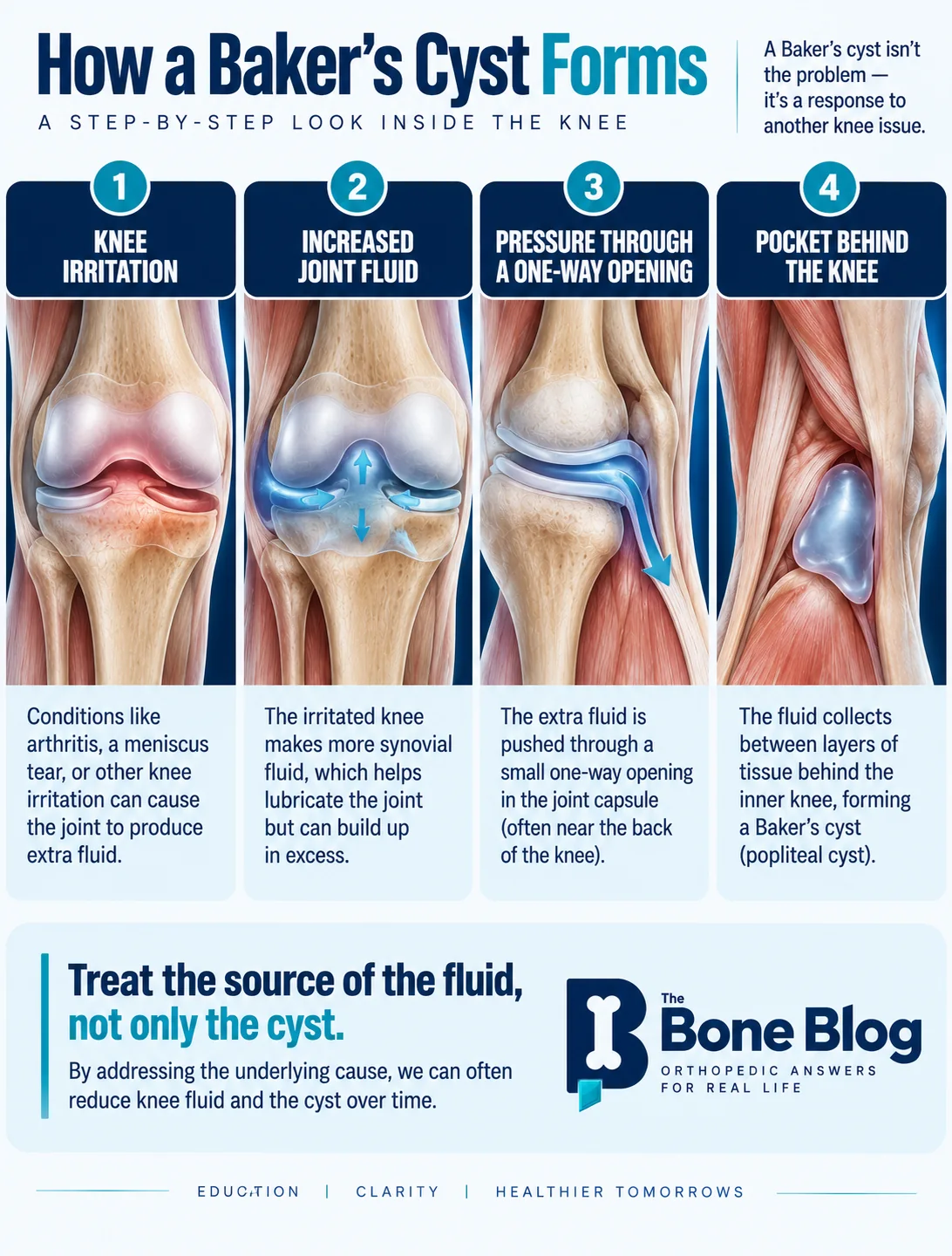 Four-step diagram showing irritation, extra knee fluid, one-way fluid movement, and Baker’s cyst formation.