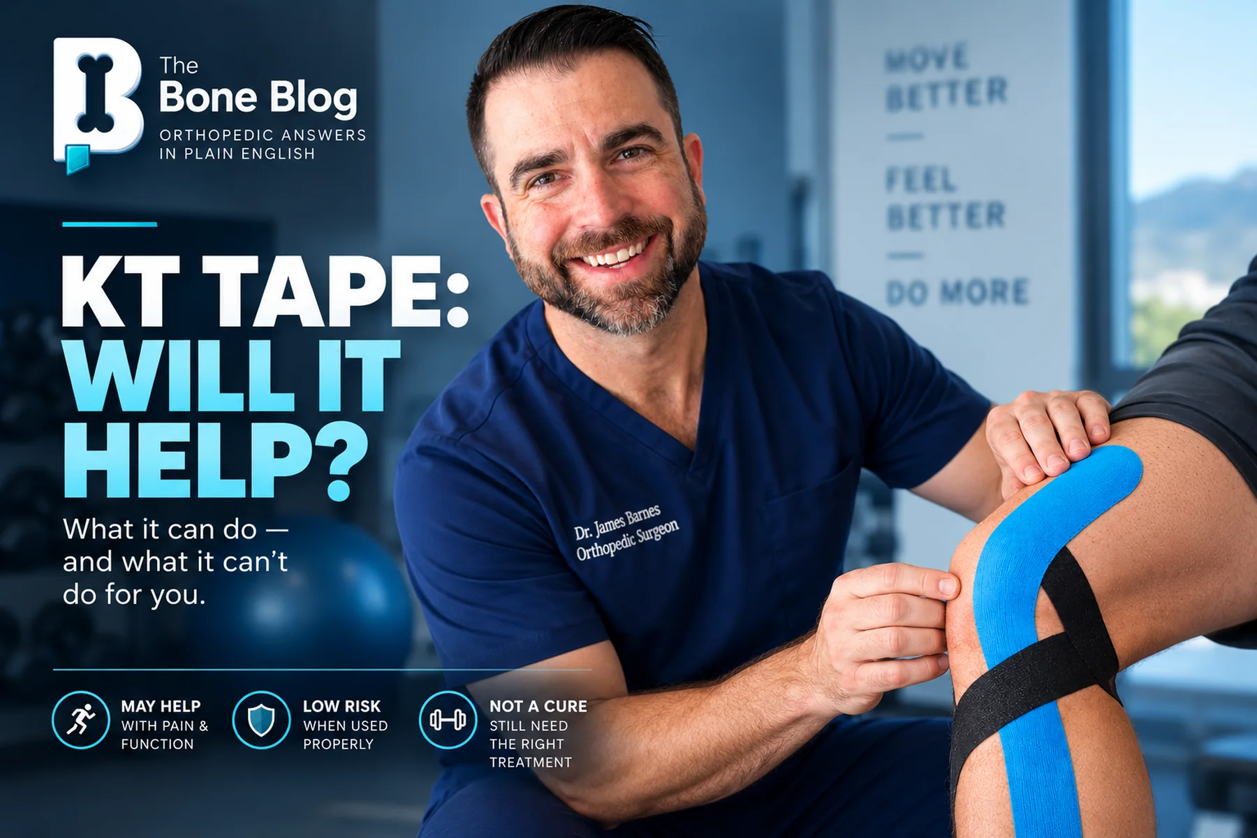 Dr. James Barnes applying kinesiology tape to an athlete’s knee, with the title KT Tape: Will It Help? and the Bone Blog brandmark.
