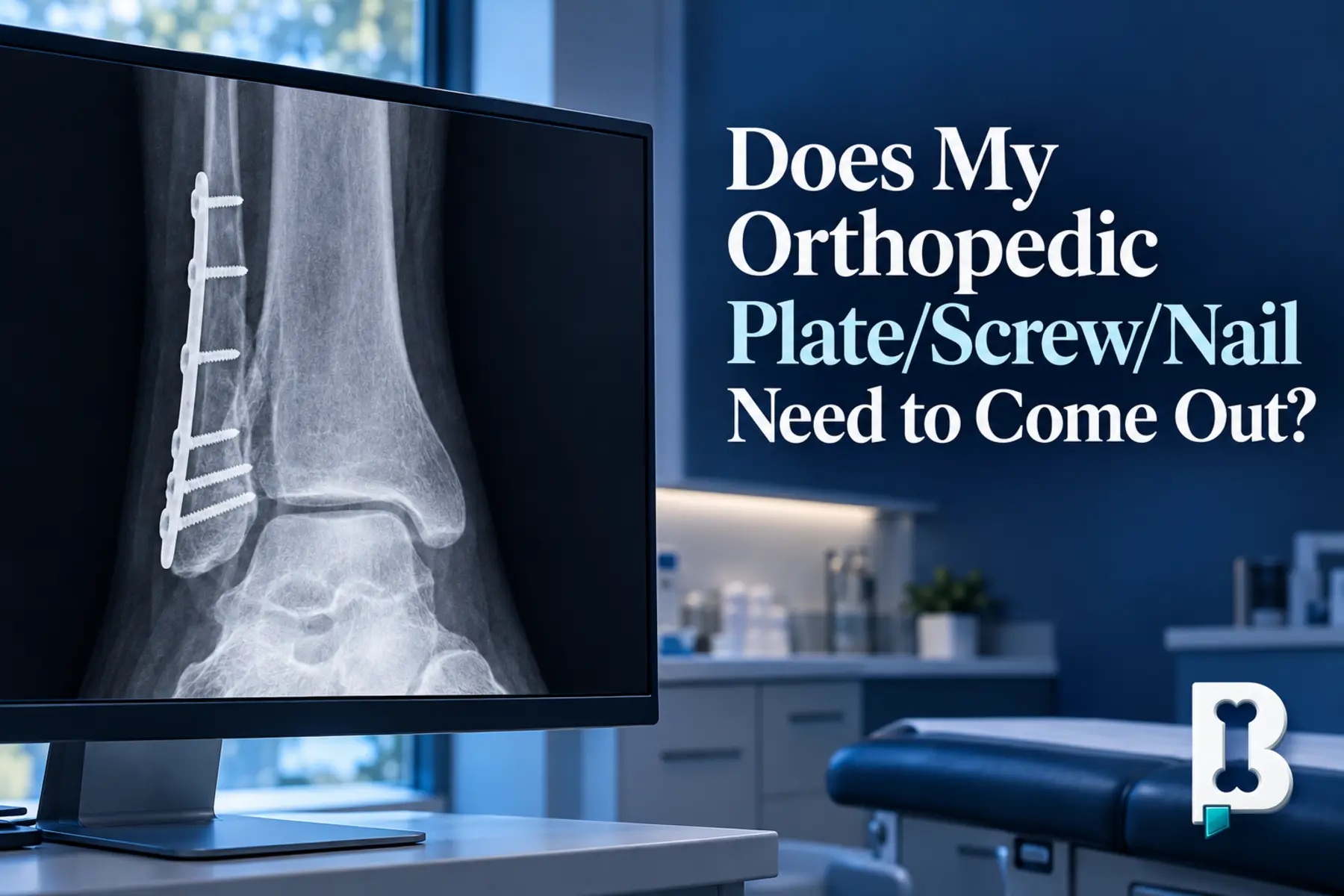 Clinical monitor showing an AP ankle illustration with a healed distal fibula fracture fixed by a plate and screws, beside the article title.