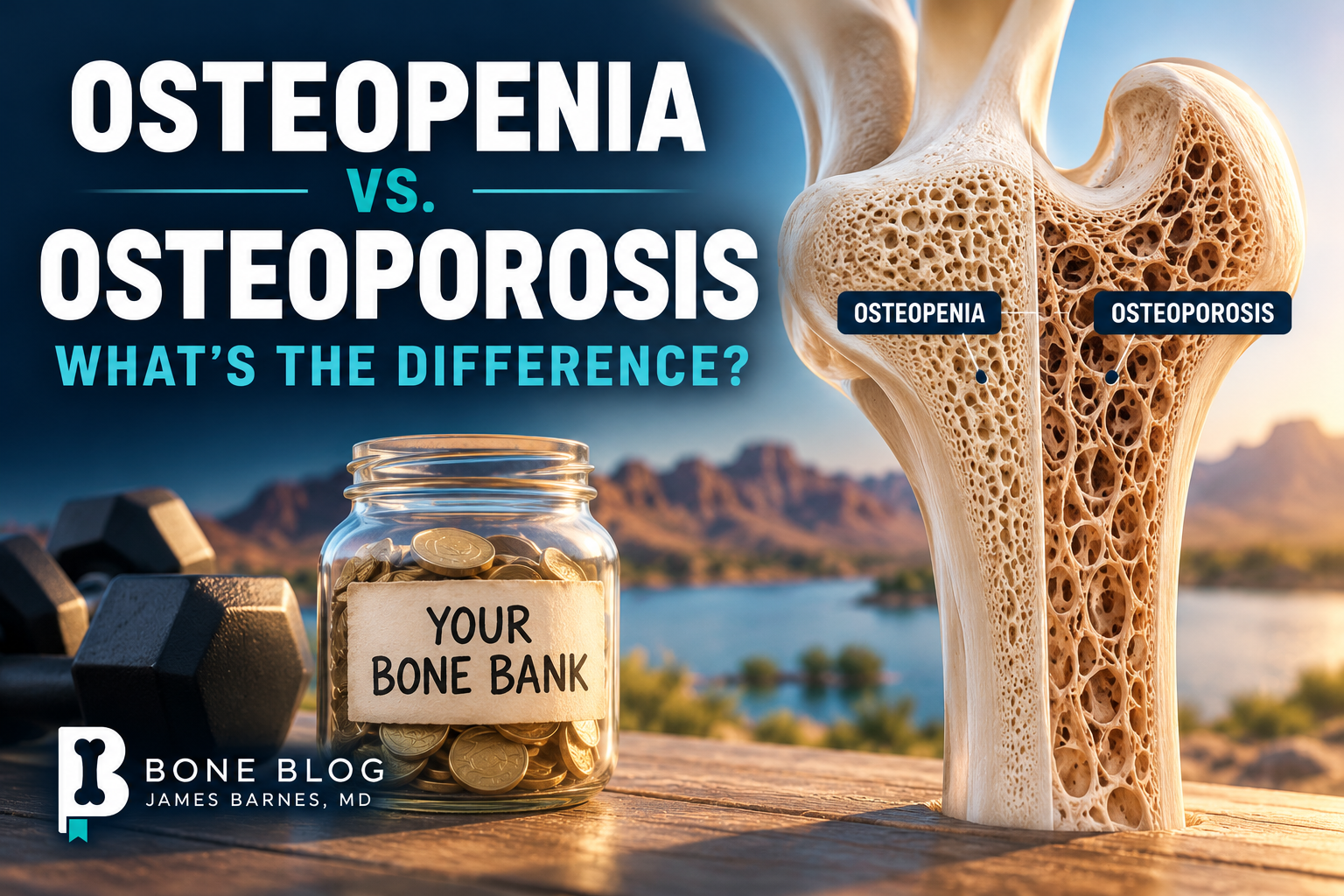 Educational graphic comparing porous bone structure in osteopenia and osteoporosis, with a savings jar representing the bone bank.