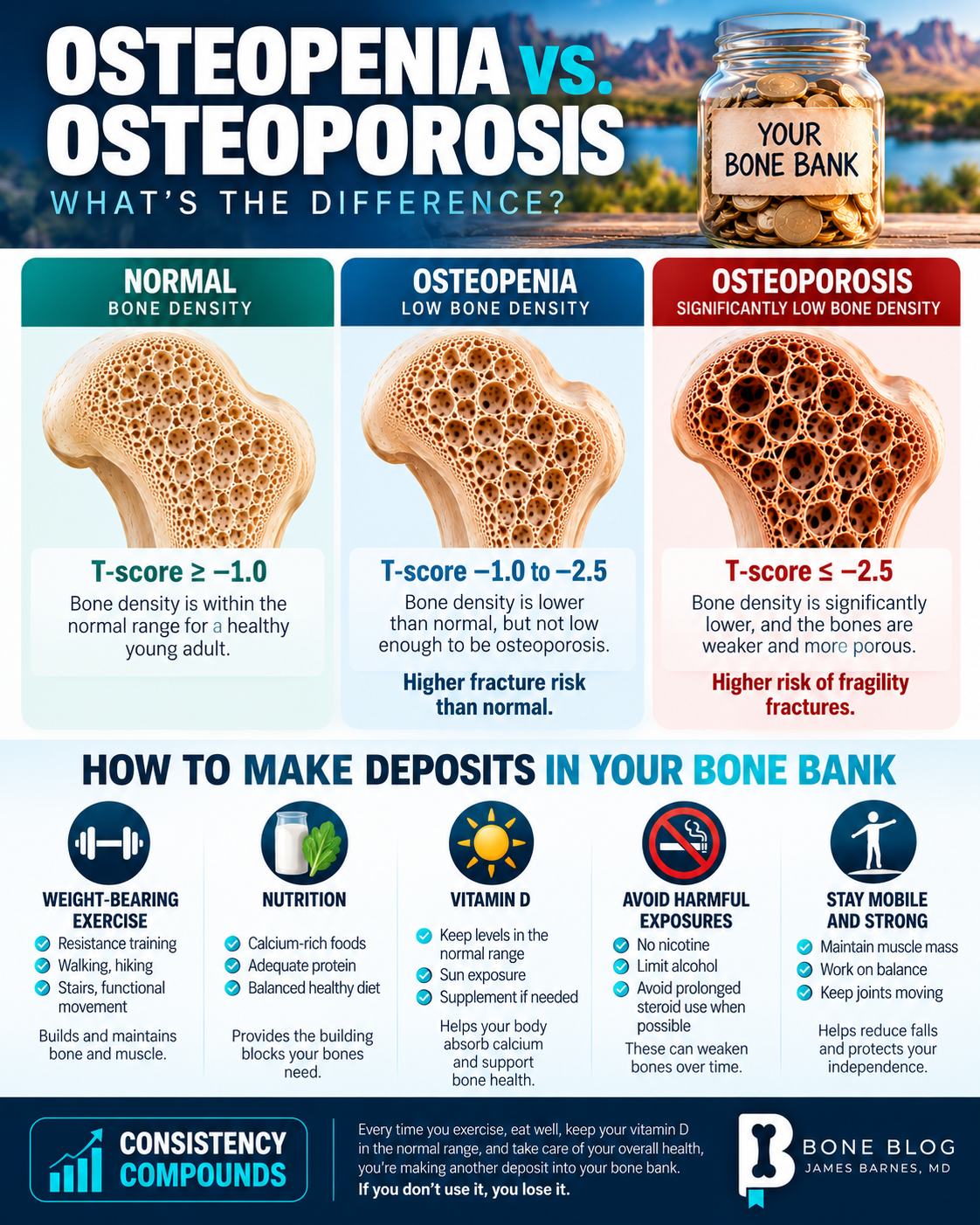 Infographic comparing normal bone density, osteopenia, and osteoporosis, plus lifestyle habits that protect bone health.