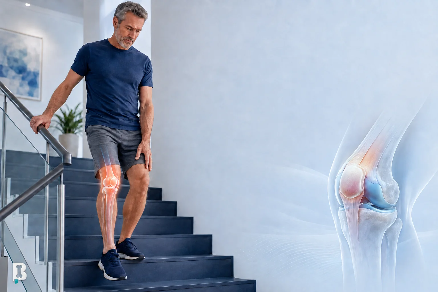 Adult walking downstairs with an anatomical knee overlay showing the kneecap, quadriceps tendon, patellar tendon, and joint surfaces.