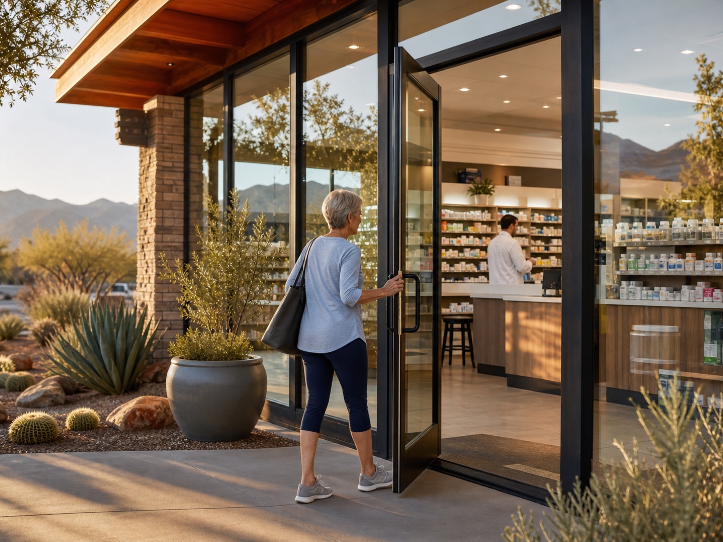 Patient entering a Lake Havasu pharmacy through the front entrance