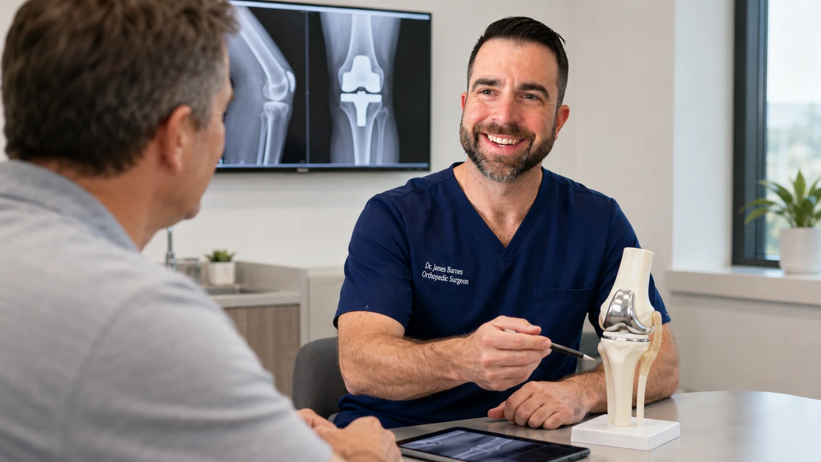 Dr. Barnes discussing joint replacement options with a patient using a knee replacement model