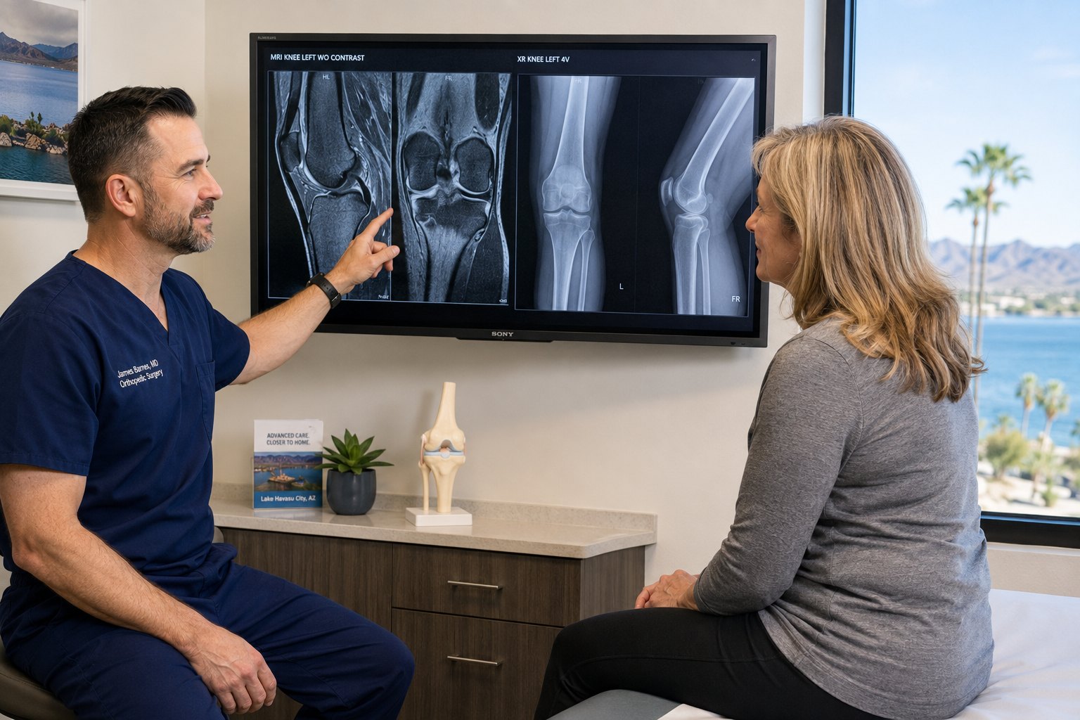 Dr. Barnes reviewing knee MRI and X-rays with a patient