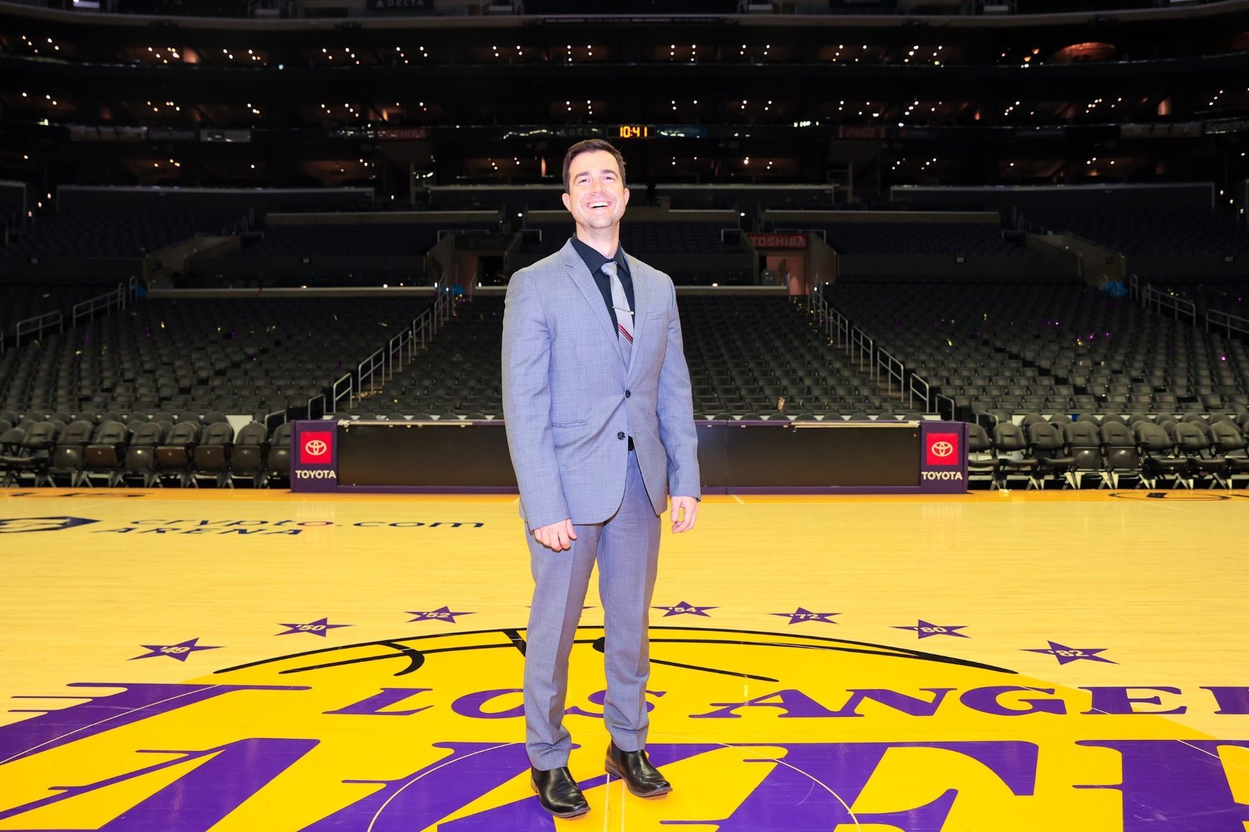 Dr. Barnes at midcourt on the Los Angeles Lakers court