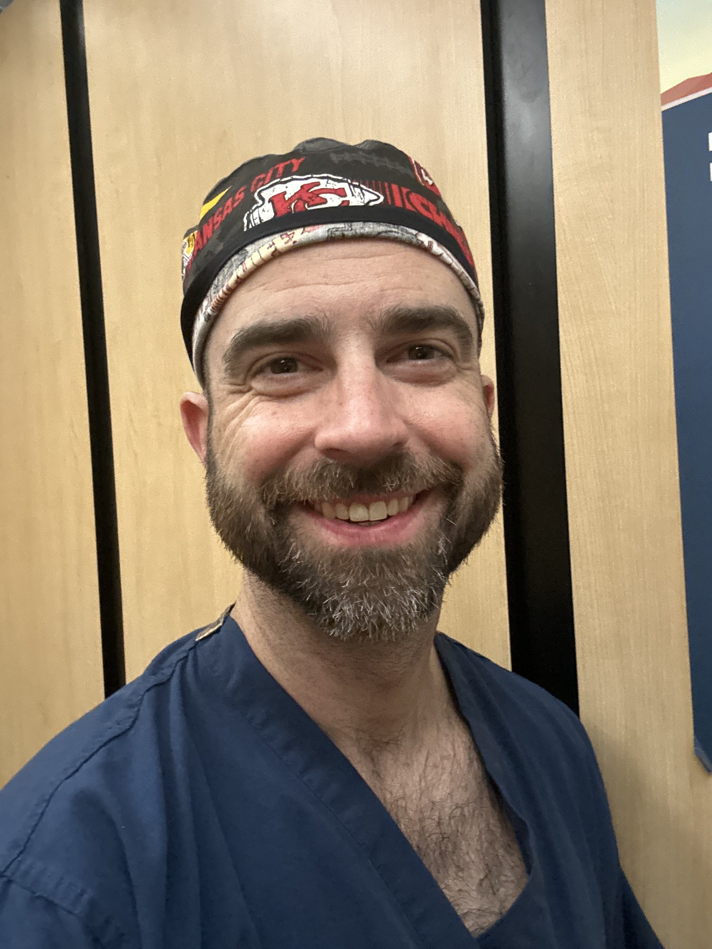 Dr. Barnes in a surgical scrub cap
