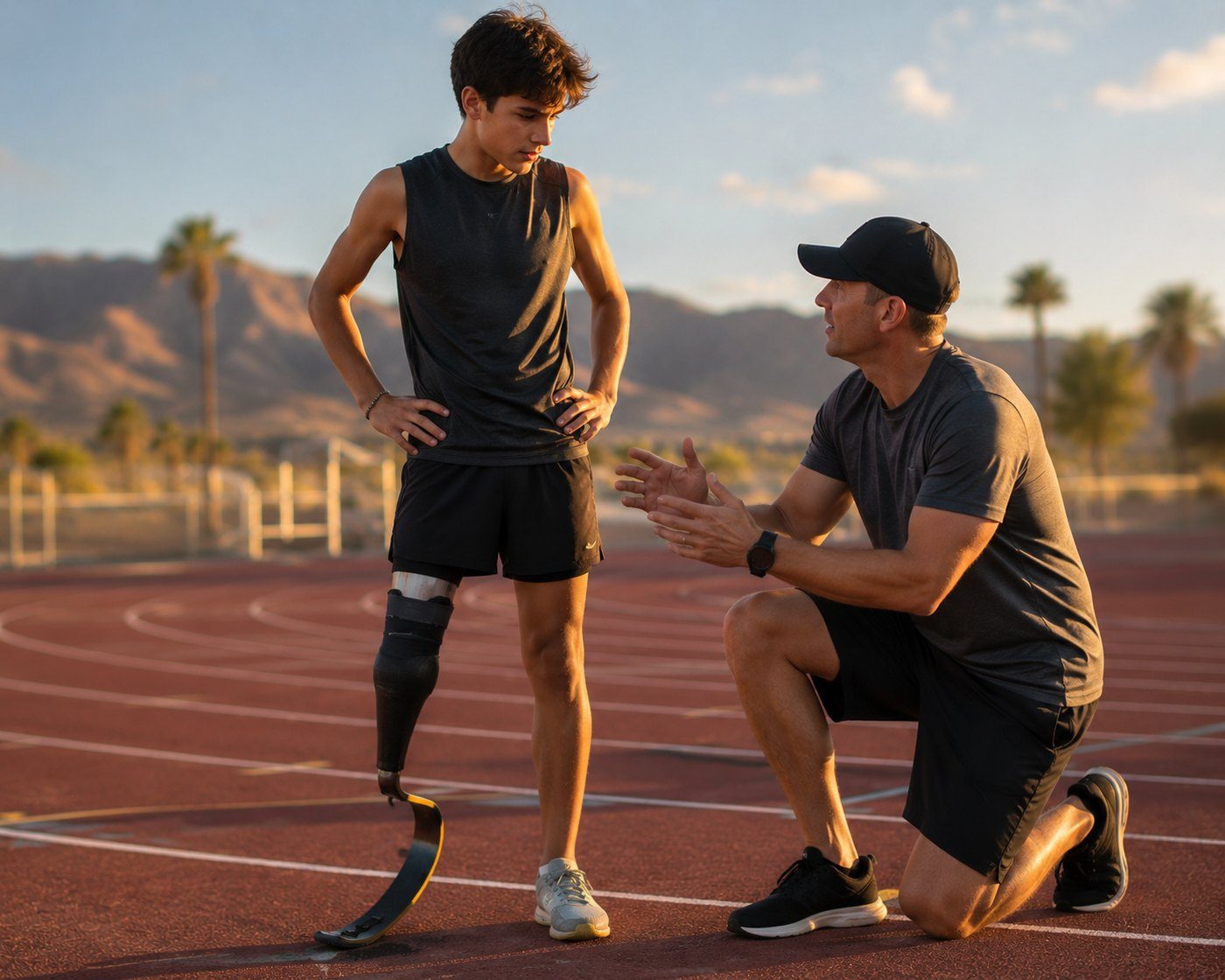 Coach guiding a young athlete through a return-to-sport conversation on a Lake Havasu track